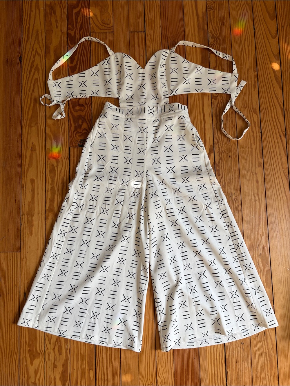 Women’s Cream Wide-Leg Jumpsuit with Black Geometric Print